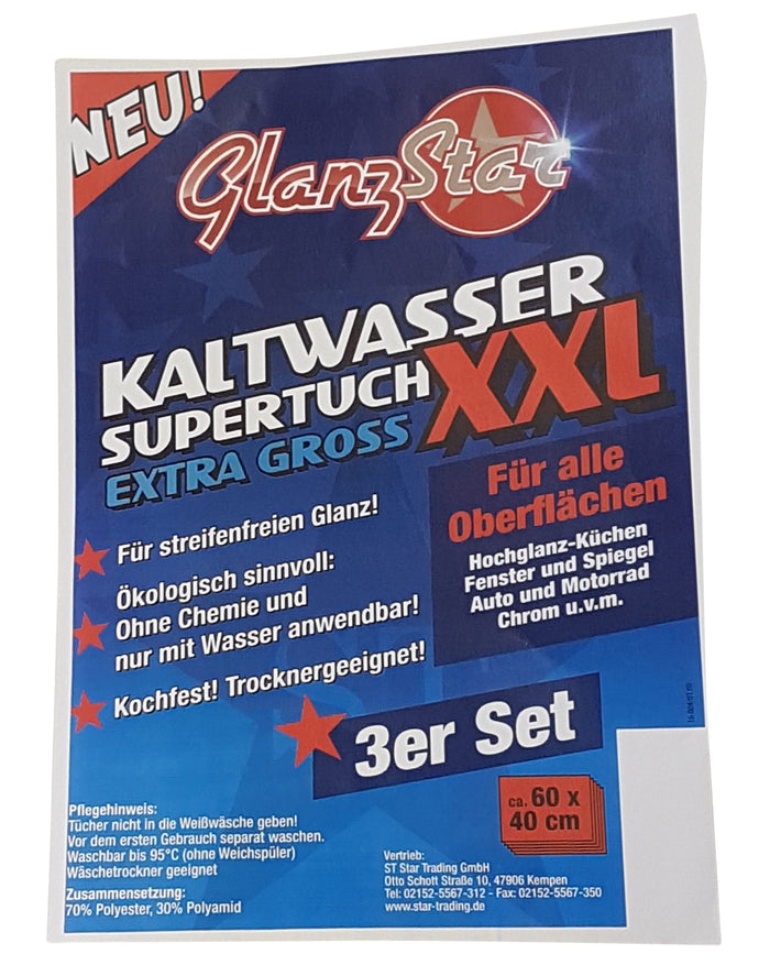 GLANZSTAR Kaltwasser Supertuch XXL Kochfest 3er Set, Fenster + Glastuch 60x40cm
