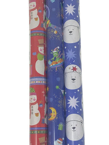 3 Rollen Kinder Weihnachtspapier, Geschenkpapier WEIHNACHTEN je 2m x 0,7m Präsen